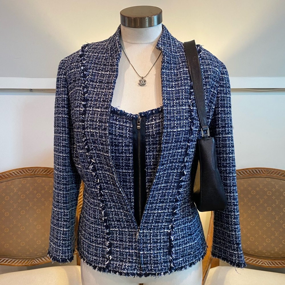Carlisle Navy Tweed Women's Blazer Jacket & Top Set, Size Small